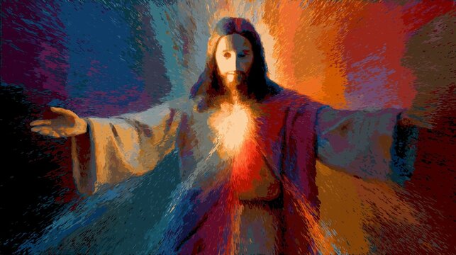 A dramatic portrait of a Christ posing with open arms, conveying emotion and leadership, suitable for inspirational concepts and commercial themes.