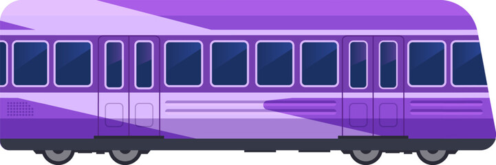 Purple and lilac electric multiple unit waiting at the station for passengers, offering modern public transport options. Side view highlights the sleek design of the commuter train