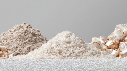 Three Piles of Grains: White Rice, Brown Flour, and Flaked Grain