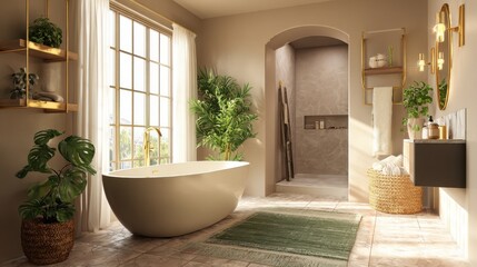 Embracing tranquility in a stylish bathroom featuring a freestanding tub and vibrant greenery under warm beige and gold hues