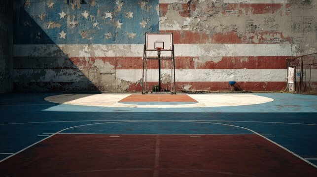 Vibrant basketball court featuring red, white, and blue lines juxtaposed against a faded American flag mural under soft sunlight - Powered by Adobe