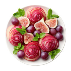 Fresh and Colorful Fruit Arrangement with Slice Apples, Figs, Grapes, and Garnish of Mint Leaves on a White Plate