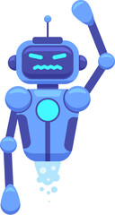 Angry blue robot with an antenna is raising its arm and flying with propulsion, expressing its discontent and disapproval through its facial expression