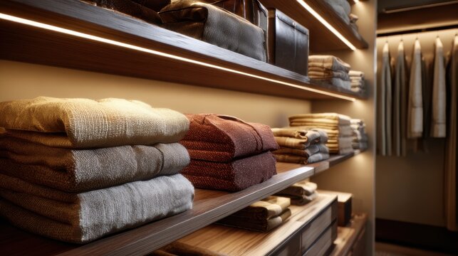 Elegant luxury walk-in closet featuring illuminated shelves and expertly organized clothing for a sophisticated lifestyle - Powered by Adobe
