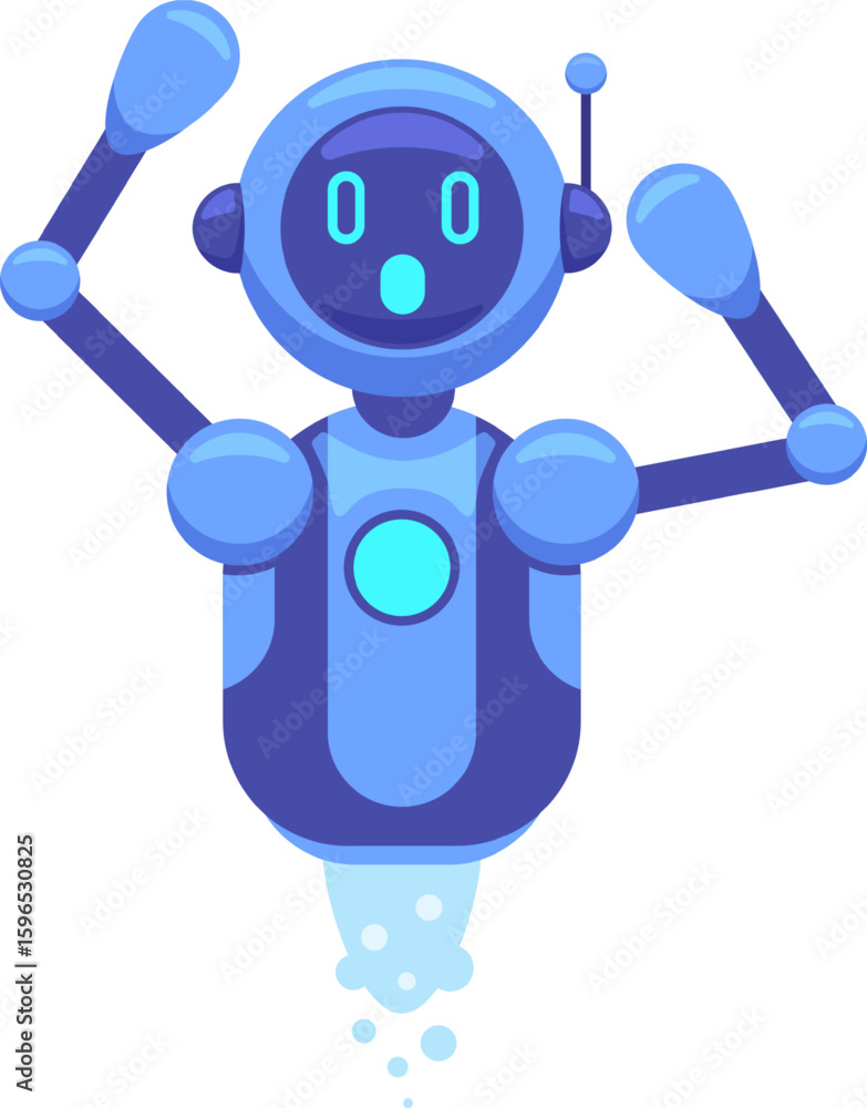 Poster surprised floating robot with arms raised, propelling through the air using a jetpack, showcasing a 