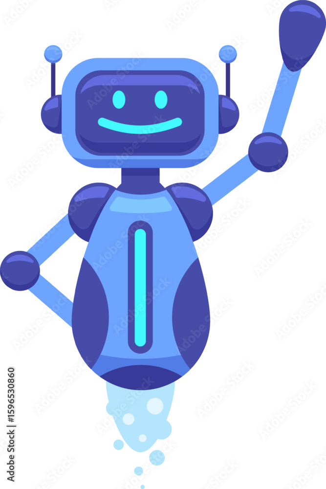 Fototapete friendly blue robot with antennas and a smiling face is waving and floating, showcasing futuristic t