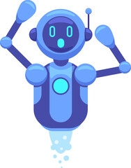 Surprised floating robot with arms raised, propelling through the air using a jetpack, showcasing a sense of amazement and embodying futuristic technology and innovation