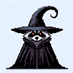 A cute raccoon witch casts a spell in a pixel art style, perfect for Halloween