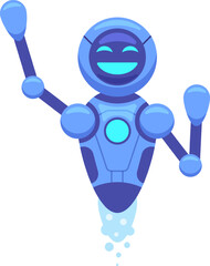Cartoon illustration of a cheerful blue robot waving and flying propelled by boosters, embodying the concept of friendly and helpful artificial intelligence