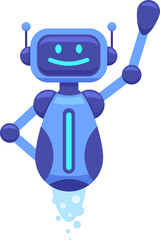 Friendly blue robot with antennas and a smiling face is waving and floating, showcasing futuristic technology and artificial intelligence