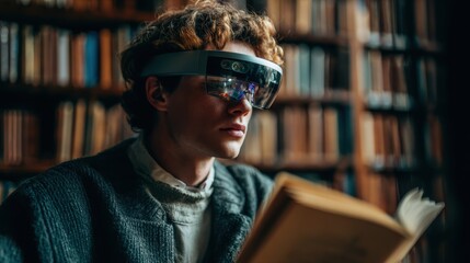 Student immerses in knowledge with smart AR glasses while reading in a modern library, blending technology and literature in a futuristic aesthetic