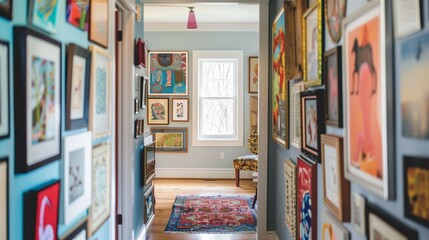 A lively gallery wall in a hallway, filled with a mix of colorful frames and eclectic, joyful artwork.