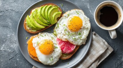 Bright and vibrant breakfast delight featuring delicious eggs, fresh avocado toast, and a warm cup of coffee set against a stylish backdrop