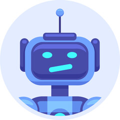 Cartoonish blue robot showing skeptical expression in circular frame, ideal for illustrating concepts related to artificial intelligence, technology, and innovation