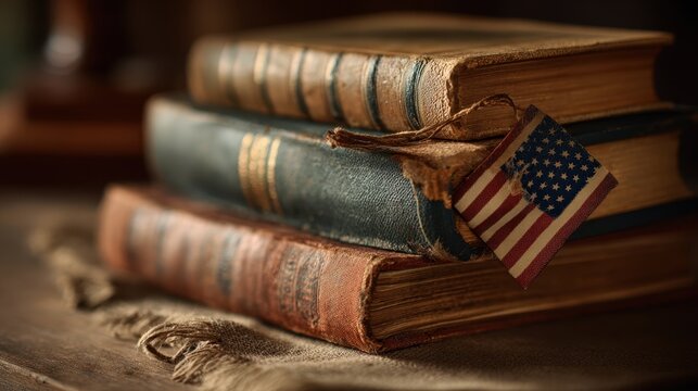 Classic literature collection adorned with an American flag bookmark in warm, inviting light