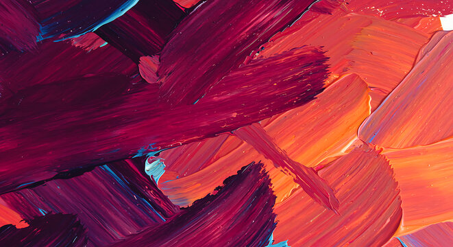 Vivid strokes create an abstract painting in shades of crimson, orange, and hints of blue, bringing warmth and texture.