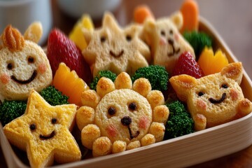 A creative and healthy bento box lunch filled with adorable character food.