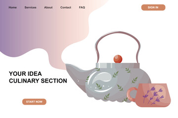 Kettle and cup of tea with spoon. Cozy home, drink, breakfast concept. Vector illustration. Website banner template.
