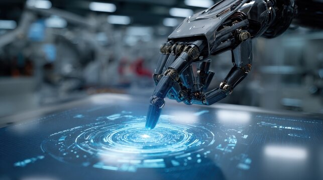 Futuristic robotic hand interacts with a luminous digital hologram in an advanced AI laboratory, showcasing innovation and technology in a captivating environment