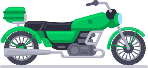 Green motorcycle with trunk standing on white background representing delivery, transportation, freedom, adventure, and style, perfect for projects related to travel, leisure, and urban mobility
