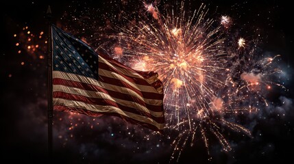 Celebration of freedom illuminated by vibrant fireworks with a waving American flag in the night sky