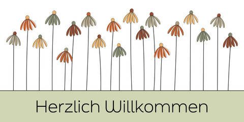 Herzlich Willkommen - Schriftzug in deutscher Sprache. Banner mit bunten Herbstblumen.