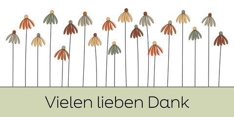 Vielen lieben Dank - Schriftzug in deutscher Sprache. Banner mit bunten Herbstblumen.