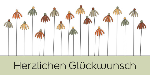 Herzlichen Glückwunsch - Schriftzug in deutscher Sprache. Banner mit bunten Herbstblumen.