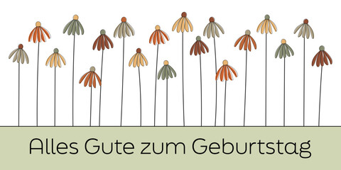 Alles Gute zum Geburtstag - Schriftzug in deutscher Sprache. Banner mit bunten Herbstblumen.