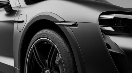 Fototapeta premium Elegant monochrome close-up of a front wheel arch highlighting matte finish and intricate design in automotive craftsmanship