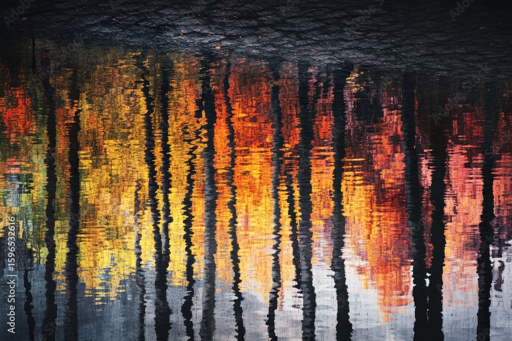 Poster abstract reflection of autumn trees in water, vibrant colors and distorted shapes.