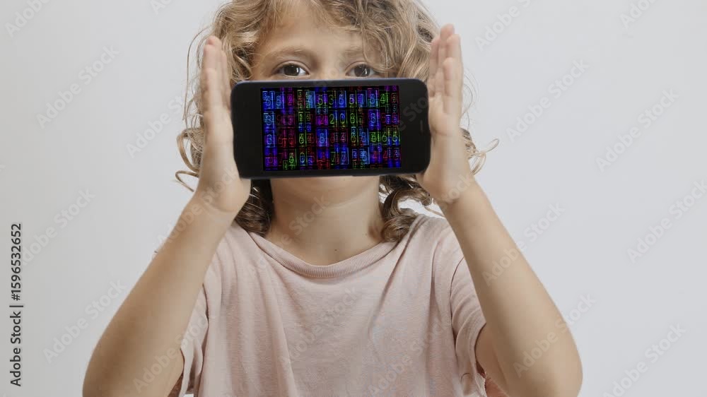 Aufkleber small girl holding smartphone in front of face with code and data