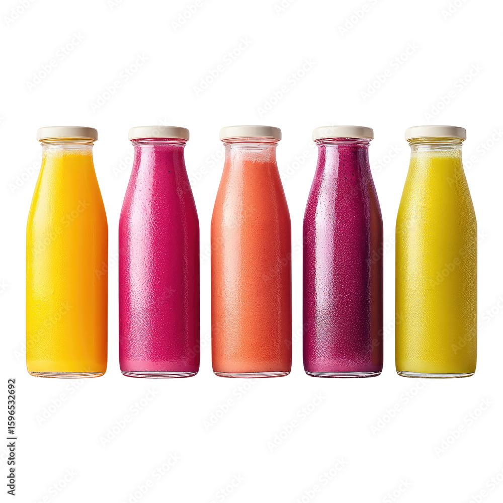 Poster colorful bottles of fresh juice displayed in a row on a plain background
