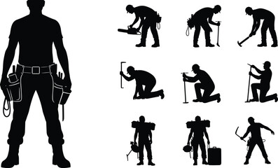 Construction worker silhouette illustration, tool usage poses, industrial labor concept, black and white vector design, professional job scene, handyman equipment art