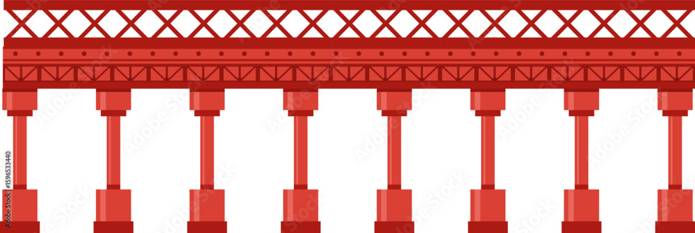 Poster seamless horizontal illustration of a red railway bridge extending into the distance, supported by a
