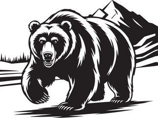 Fototapeta premium Grizzly bear walking with mountains and trees in background wildlife animal