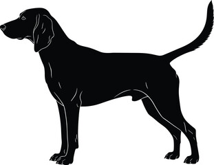 Dog silhouette vector, side view illustration, standing pet pose, isolated black design, animal outline graphic, domestic dog, white background image