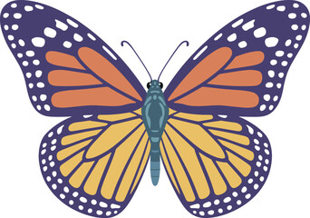 Colorful butterfly vector illustration, CAD style design, symmetrical wing pattern, vibrant orange and yellow, detailed insect drawing, flat artwork