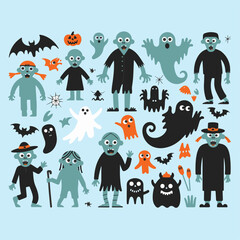 A collection of halloween themed cartoon illustrations featuring ghosts zombies bats and pumpkins on blue