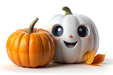 Obraz premium A cheerful white ghost pumpkin and an orange pumpkin with autumn leaves