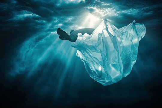 turtle and plastic bag in the sea, AI generated video