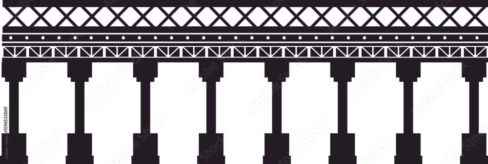 Poster simple black and white vector illustration of a long bridge structure with many pillars supporting a