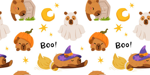 Cute Halloween capybara seamless pattern, spooky cartoon capybaras dressed as mummy, ghost, witch, pumpkin, with gravestone, candles, broom, toilet paper and pumpkins, kawaii animal vector background