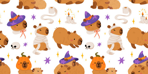 Cute Halloween capybara seamless pattern, spooky cartoon capybaras dressed as mummy, ghost, witch, pumpkin, with gravestone, candles, broom, toilet paper and pumpkins, kawaii animal vector background