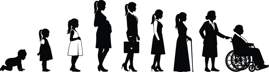 Female life stages illustration, baby to elderly woman, growth timeline, aging transition, silhouette art, healthcare theme, developmental journey vector