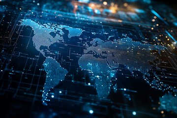 Digital World Map Made of Glowing Dots Connected by a Network of Lines
