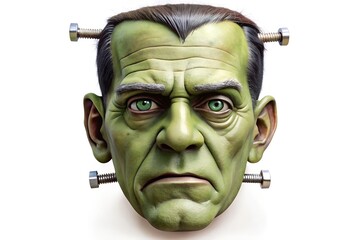 A detailed green frankenstein monster head with bolts, isolated on a white background