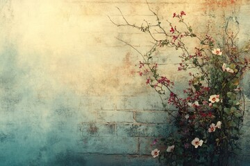 Vintage-styled image featuring blooming flowers climbing a weathered brick wall, evoking a sense of nostalgia and tranquility.