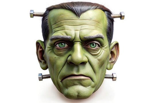 A detailed green frankenstein monster head with bolts, isolated on a white background