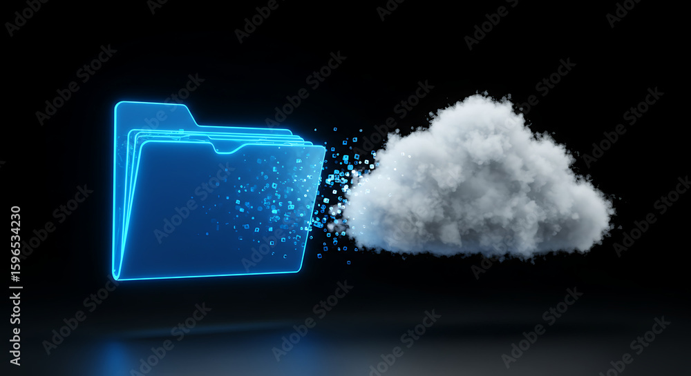 Poster data transfer to the cloud: a digital folder merging with a cloud, symbolizing the seamless transfer